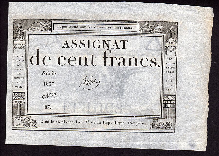France, P-A78, 1795 100 Francs. Series 1837, Serial Number 87